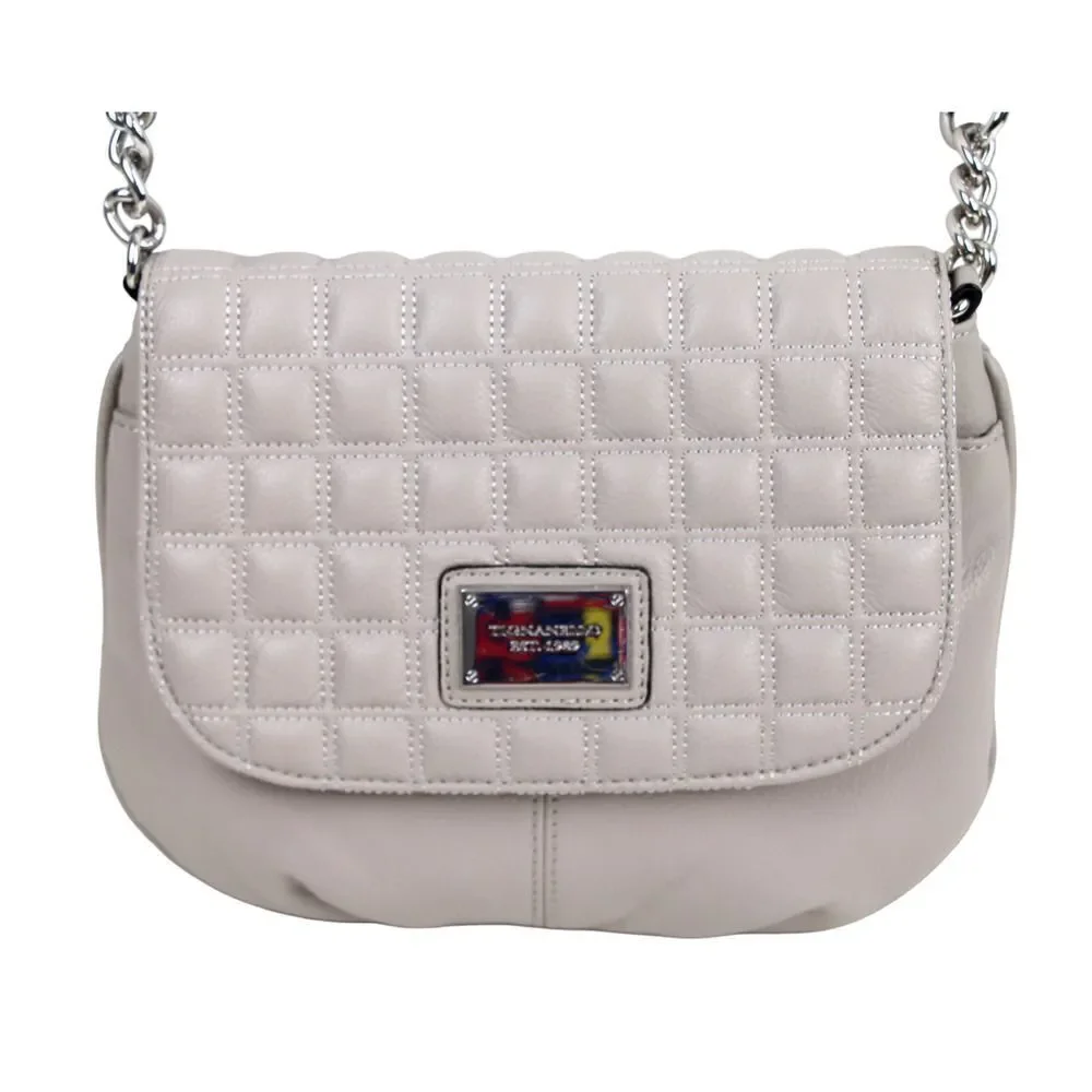 Tignanello STITCHED BEIGE GENUINE LEATHER FLAP CHAIN X-BODY SHOULDER BAG HANDBAG
